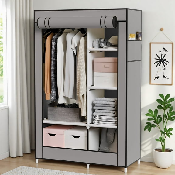 BAOKALER Portable Closet Clothes Garment Rack, Wardrobe Organizer with 6 Shelves & 1 Hanging Rod, 4 Side Pockets for Bedroom, Living Room, Cloakroom, Dorm, Apartment, Gray