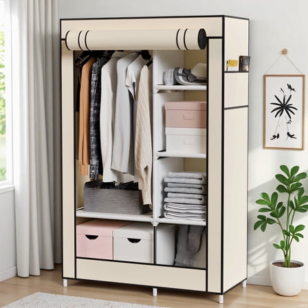 BAOKALER Wardrobe Closet Storage, Hanging Closet organizer, Clothes Rack with Cover, Tool-Free Assembly Clothes Storage for Home Bedroom Living Room, Beige