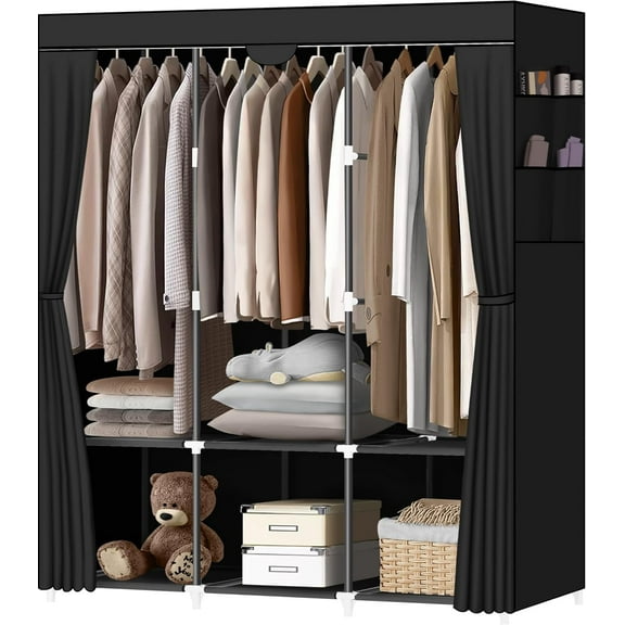 Portable Closet, Portable Closets for Hanging Clothes with 3 Hanging Rods and 6 Storage Shelves and 4 Side Pockets, Black Wardrobe Closet Easy to Assemble and Strong and Stable