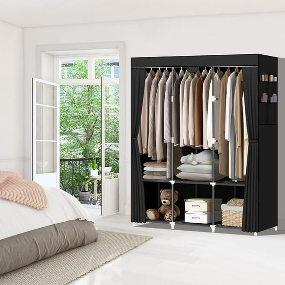Portable Closet, Portable Closets for Hanging Clothes with 3 Hanging Rods and 6 Storage Shelves and 4 Side Pockets, Black Wardrobe Closet Easy to Assemble and Strong and Stable