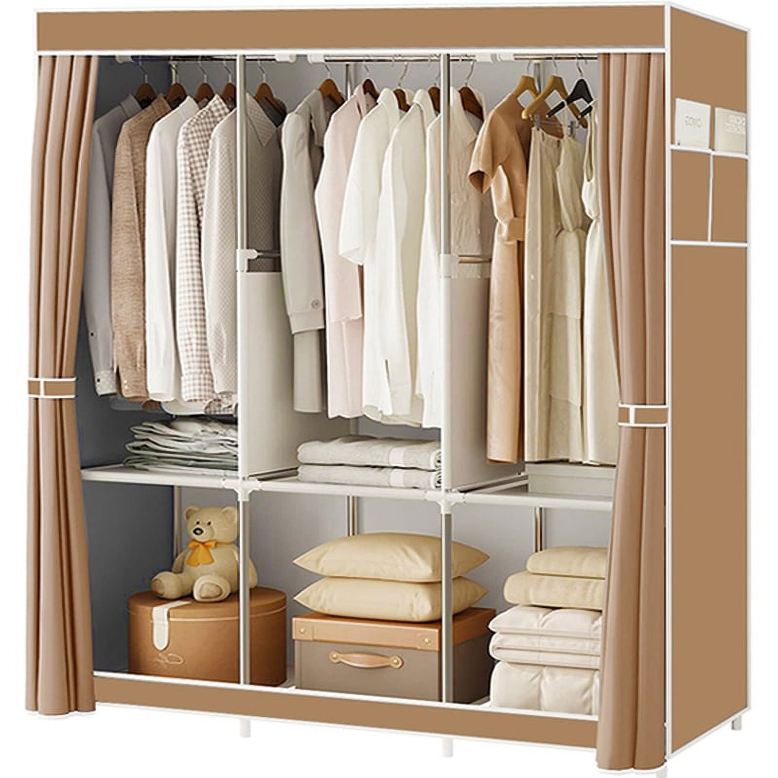 Portable Closet Portable Wardrobe Closet Storage with 3 Hanging Rods 6 Storage Shelves Side Pocket for Clothes Storage Organizer Brown
