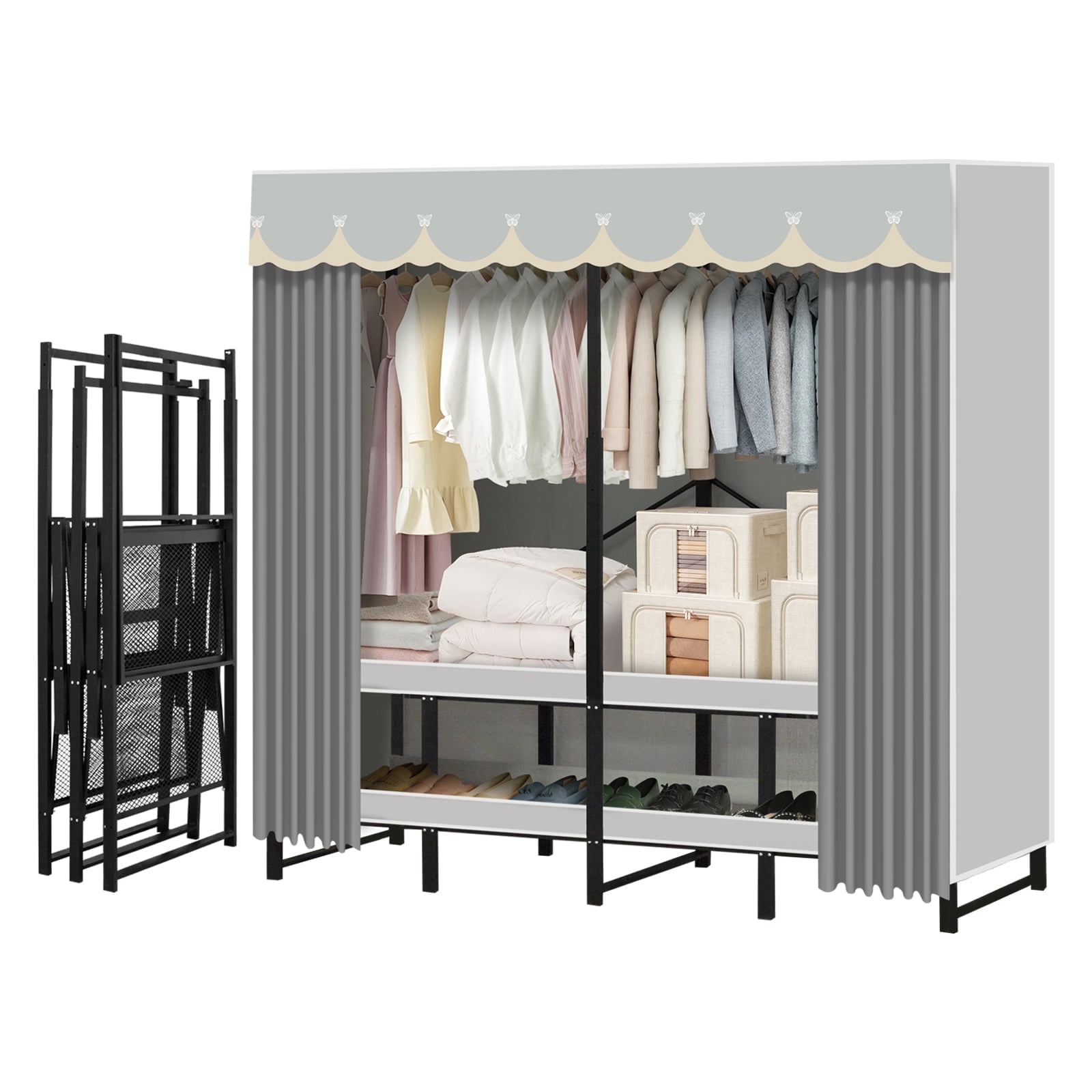 Simple Temporary Clothes Rack Heavy Duty Portable Closet Wardrobe with Cover, Foldable Garment Rack ...