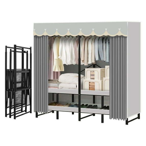 Portable Closet Rack Heavy-Duty Foldable Garment Racks with Cover ...