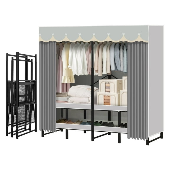 Portable Closet Rack Heavy-Duty Foldable Garment Racks with Cover 1200lbs Enclosed Wardrobe Closet with Independent Area for Hanging Clothes Storaging of Bedding (59in*20in*67in)