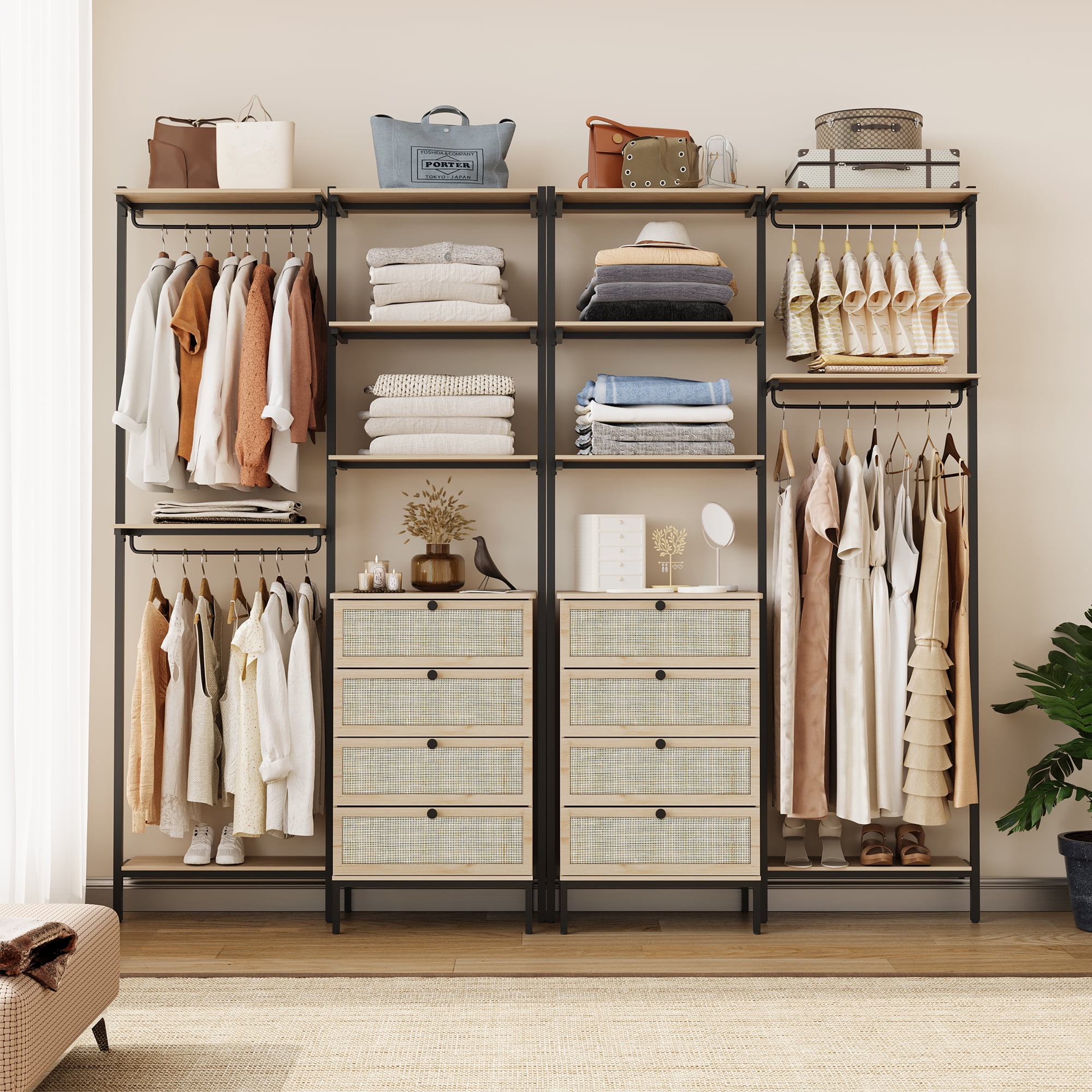 Portable Closet Rack Large Wood Wardrobe MultiFunctional