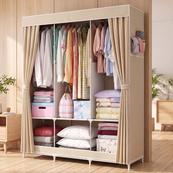YEERSWAG® 50 Inch Closet Organizers, Storage Closet 6 Storage Spaces with 3 Hanging Area, Steel Frame Fabric Portable Closet, Easy Assembly And Dust Resistant, Beige
