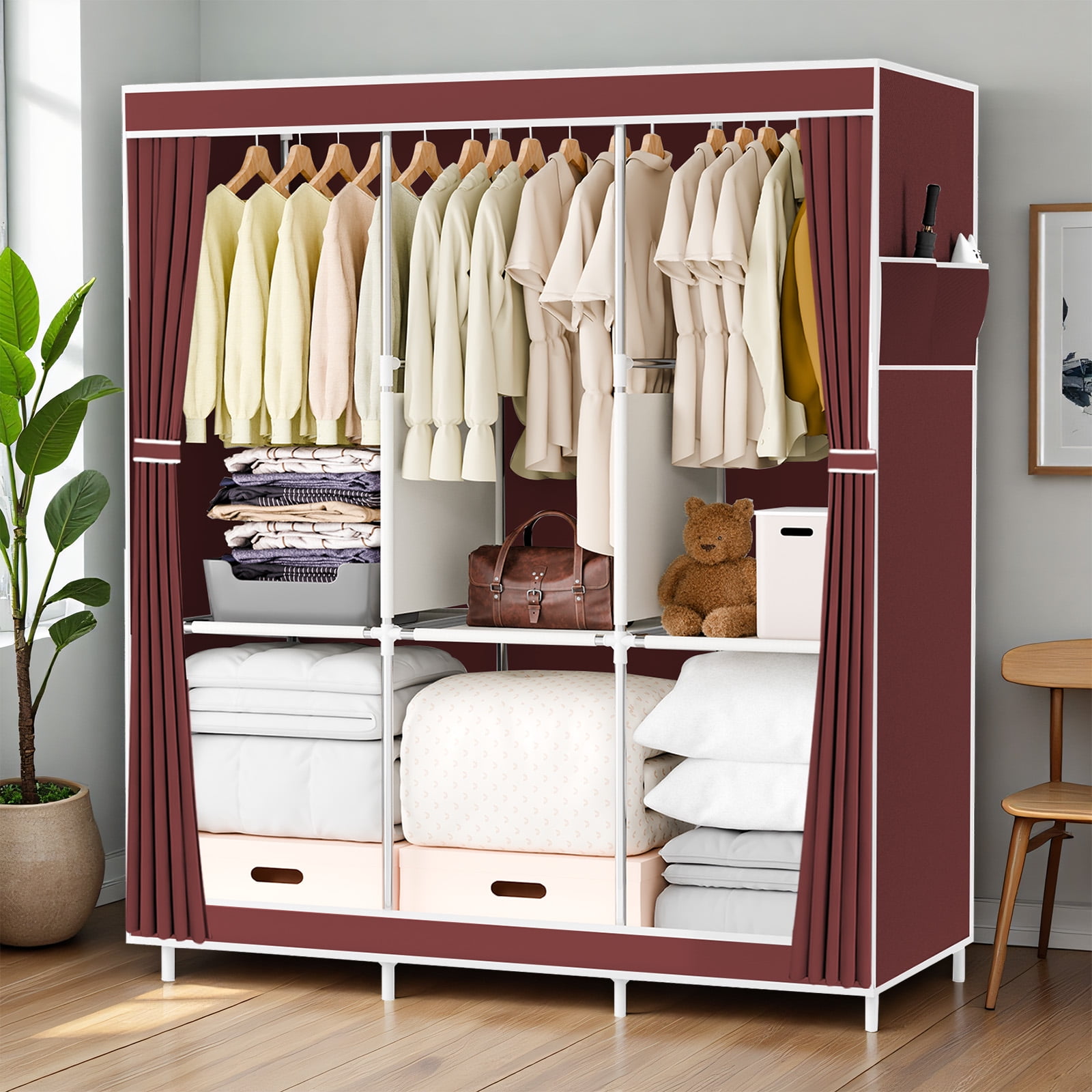 Portable Closet Storage for Home Bedroom, Non-woven Fabric Wardrobe Closet and Organizers and Storage, Dustproof Clothes Rack Shelf, Red