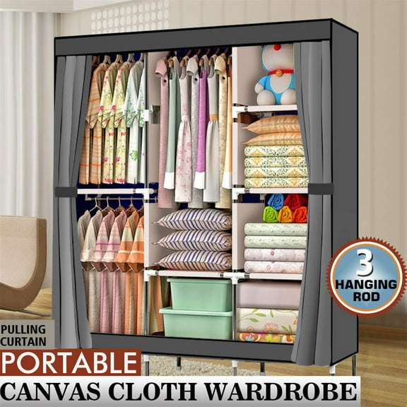 Portable Closet Storage Organizer Wardrobe Clothes Rack With Shelves, 71" Heavy Duty Covered Clothes Rack Storage Organizer, 4 Tiers Portable Closet Wardrobe Shelf, Grey