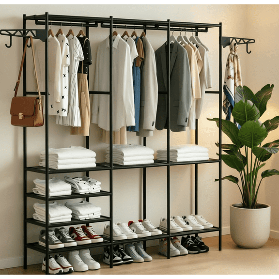 Portable Closet System, Freestanding Clothes Rack, Closet Organizer, Portable Wardrobe, Foldable Clothing Storage Rack, Multifunctional Hanger Rack with 3 Storage Sections and Hooks