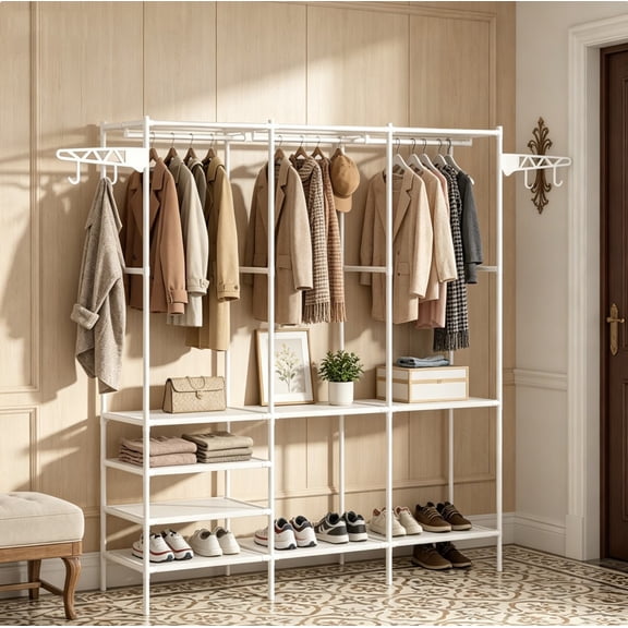 Portable Closet System,Freestanding Clothes Rack,Metal Organizer Shelves (White)
