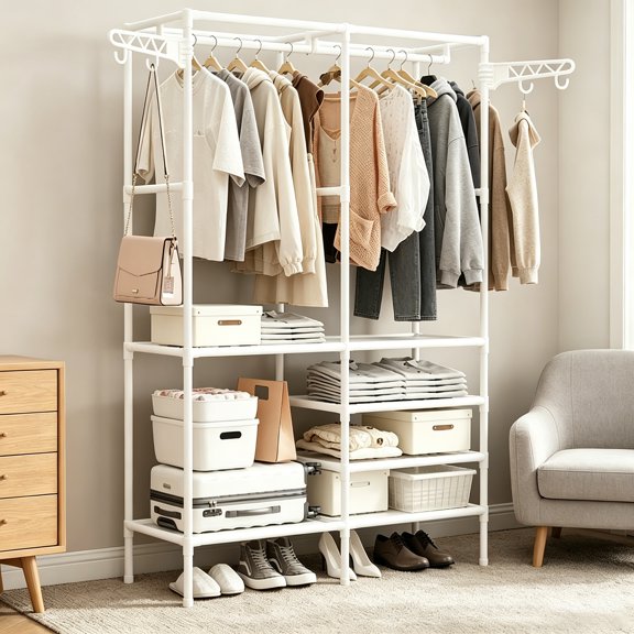Portable Closet System,Freestanding Clothes Rack,Metal Organizer Shelves (White)