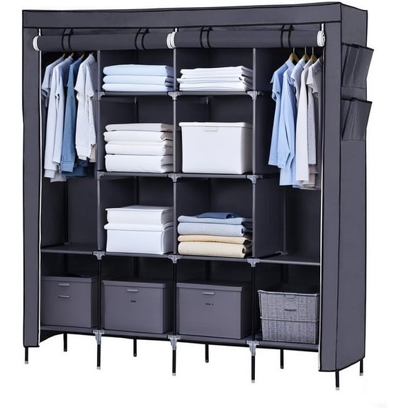 Portable Closet, Wardrobe with 12 Shelves, 2 Adjustable Hanging Rod and 4 Side Pockets, Dustproof Waterproof Cover, Space-Saving, Large Clothes Organizer for Apartments, Bedroom, Grey