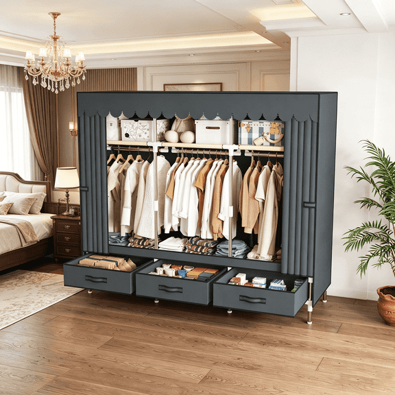 Portable Closet Wardrobe, 59-Inch Clothes Organizer with 3 Hanging Rods ,3 Shelves and 3 Drawers, Non-Woven Fabric Cover, Large Capacity Storage for Bedroom and Living Room ,Gray.