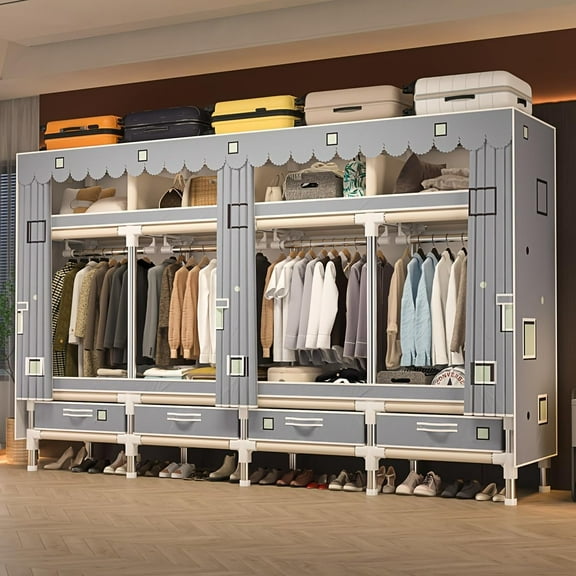 Portable Closet Wardrobe 64 Inch Freestanding Closet for Hanging Clothes Metal Wardrobe Closet Organizer Easy Assembly Stronger Load-Bearing Detachable Design Grey (Grey-D)