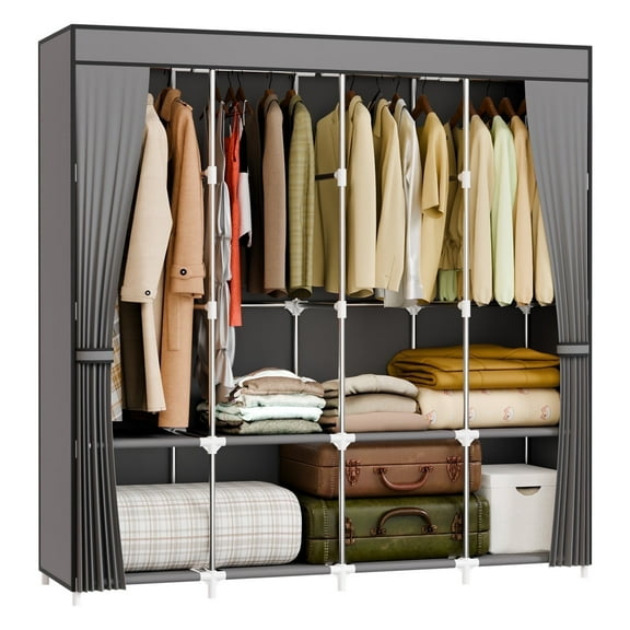 BAOKALER 67-Inch Wide Wardrobe Closet with 4 Hanging Rods & 8 Shelves, Non-Woven Fabric Hanging Closet Organizer, 16mm Steel Tube Clothing Rack for Bedroom, Living Room, Closet, Garage, Dorm, Gray