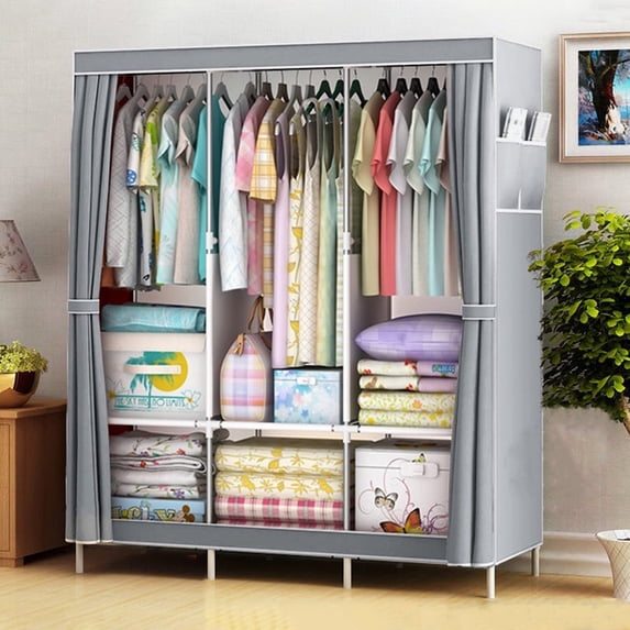 Portable Closet Wardrobe Closet with 3 Storage Shelves and 4 Side Pockets White Gray Portable Closets for Hanging Clothes Easy to Assemble and Strong and Stable