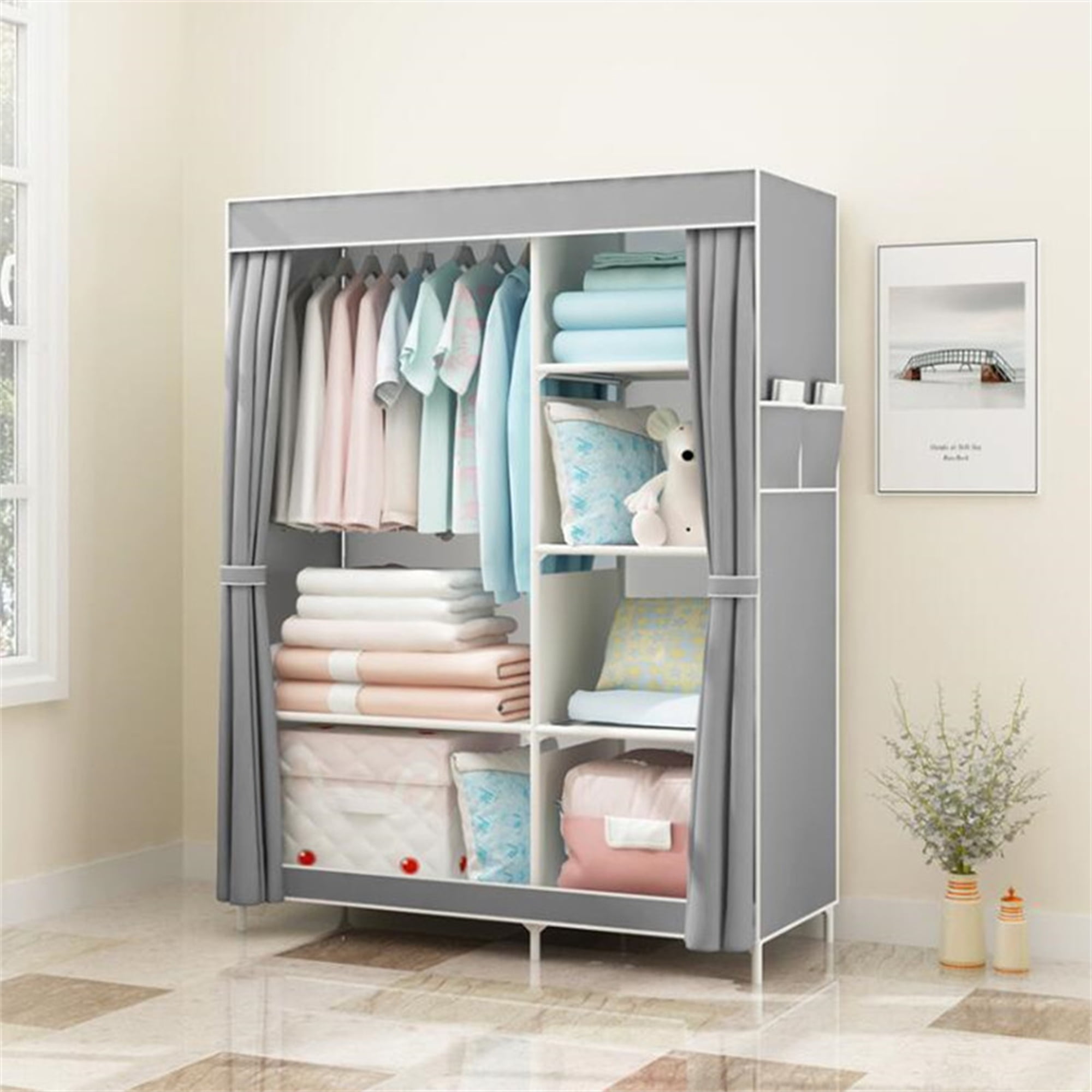 CISILOV Portable Closet Organizers, Wardrobe Closet with 1 Hanging Rod, 6 Storage Shelves & 2 Side Pockets, Free Standing Closet Clothes Organization & Storage with Cover for Bedroom, Dorm