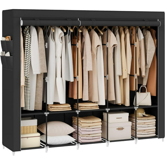 Portable Closet, Wardrobe Closet Organizer 5 Hanging Rods and Shelves, 4 Side Pockets Large Capacity for Bedroom, Living Room Ink Black