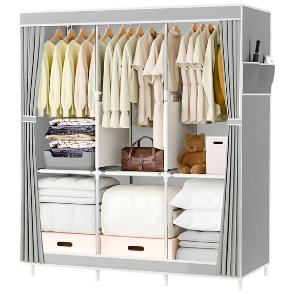 Portable Closet Organizer and Storage with 3 Hanging Rods for Hanging Clothes, 6 Wardrobe Closet Storage Shelves for Bedroom, Easy to Assemble, Grey
