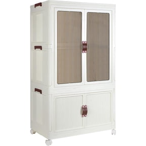 Portable Closet Wardrobe, Folding Storage Bins with Lid, Stackable Storage Box with Hanging Rod and Doors, Collapsible Plastic Clothes Cabinet with Wheels, 10 Hangers