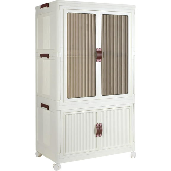 Portable Closet Wardrobe, Folding Storage Bins with Lid, Stackable Storage Box with Hanging Rod and Doors, Collapsible Plastic Clothes Cabinet with Wheels, 10 Hangers