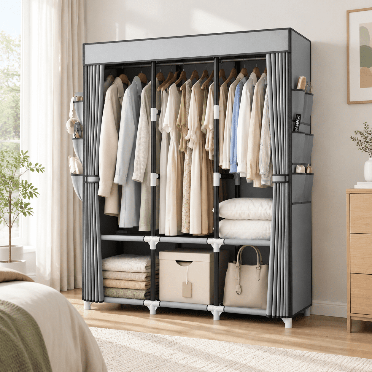 Moveable Piping Portable Closet Wardrobe For Hanging Clothes With Cover 3 Rods 6 ...