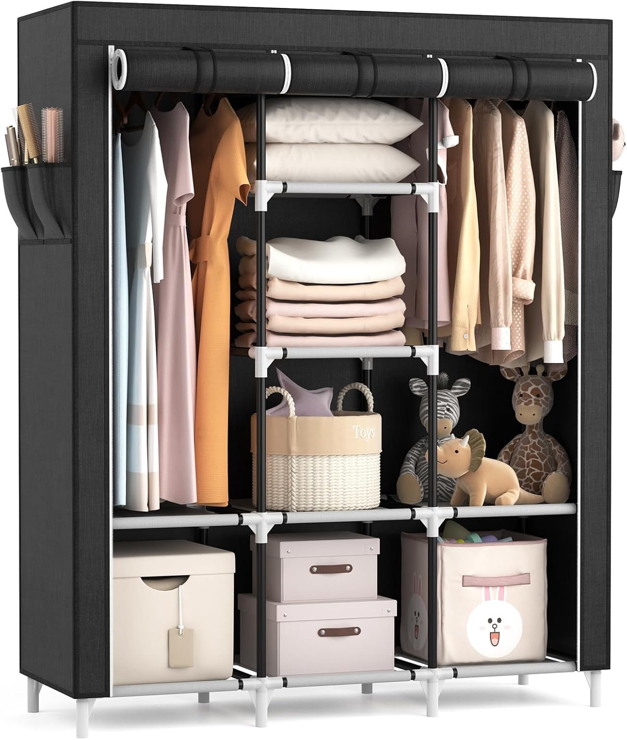 Portable Closet Wardrobe for Hanging Clothes with 2 Hanging Rods and 8 Storage Organizer Shelves,Sturdy Large Wardrobe Closet for Bedroom Free Standing Clothes Rack with Cover,Grey