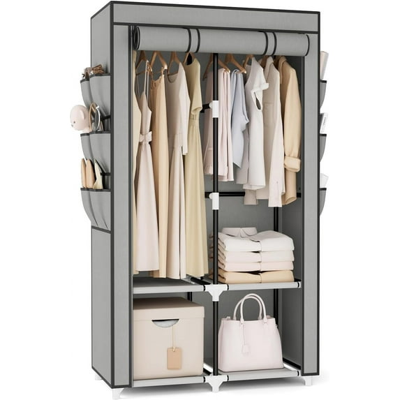 Portable Closet Wardrobe for Hanging Clothes with 4 Storage Shelves, 2 Hanging Rods and 6 Pockets, Stable and Easy Assembly Clothes Rack with Cover Free Standing Closet for Bedroom, Grey