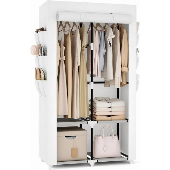 Portable Closet Wardrobe for Hanging Clothes with 4 Storage Shelves, 2 Hanging Rods and 6 Pockets, Stable and Easy Assembly Clothes Rack with Cover Free Standing Closet for Bedroom, Grey
