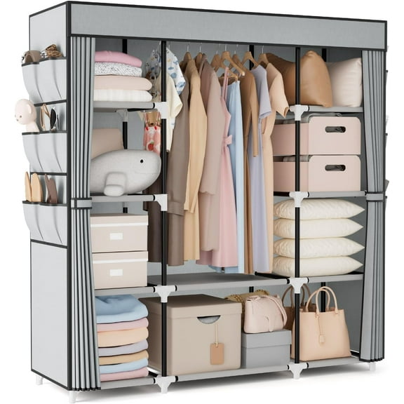 Portable Closet Wardrobe for Hanging Clothes 57.3 Inch Large Capacity Clothes Rack with Cover, 10 Storage Organizer Shelves, 1 Hanging Rods and 6 Pockets, Free Standing Closet for Bedroom, Grey