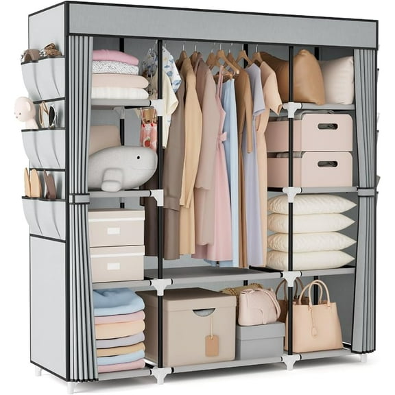Portable Closet Wardrobe for Hanging Clothes 57.3 Inch Large Capacity Clothes Rack with Cover, 10 Storage Organizer Shelves, 1 Hanging Rods and 6 Pockets, Free Standing Closet for Bedroom