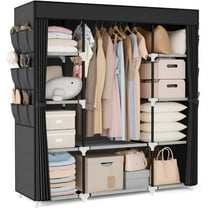 Portable Closet Wardrobe for Hanging Clothes 57.3 Inch Large Capacity Clothes Rack with Cover, 10 Storage Organizer Shelves, 1 Hanging Rods and 6 Pockets, Free Standing Closet for Bedroom, Black