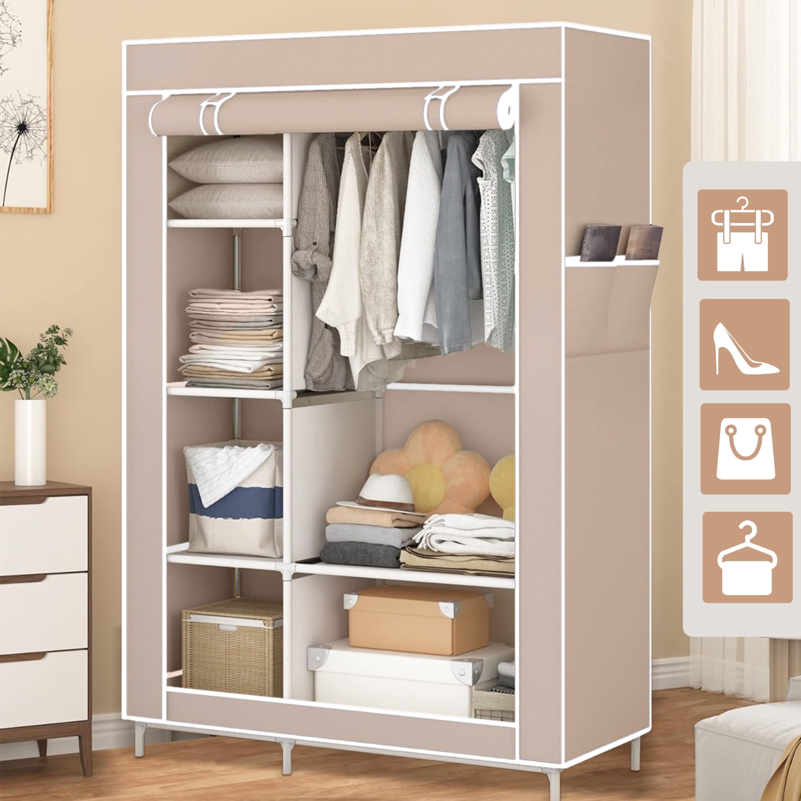 Portable Closet Wardrobe Closet for Hanging Clothes with 6 Storage
