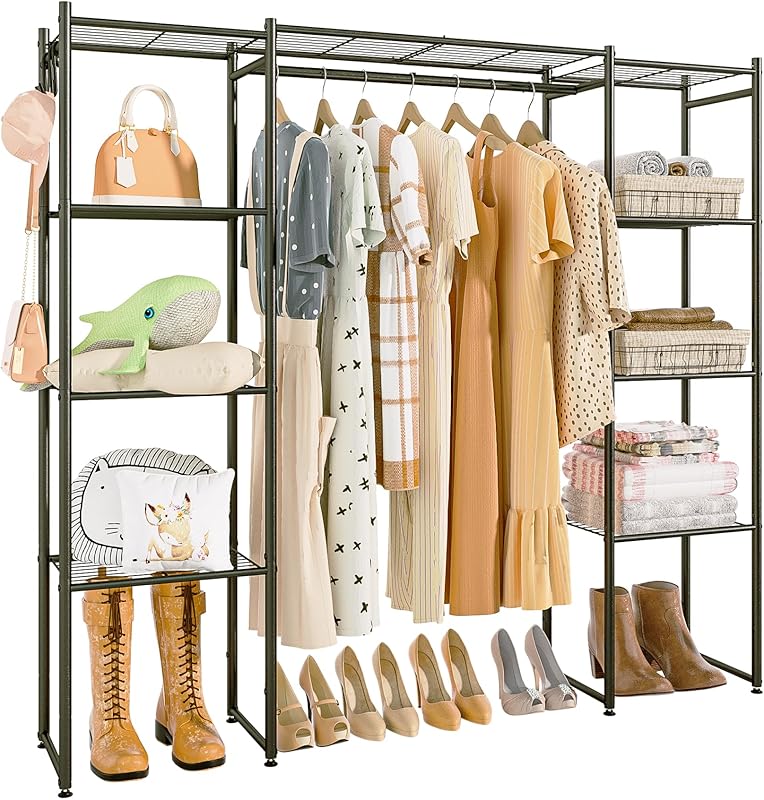 Free Standing Wardrobe Racks Portable Closet Wardrobe, Metal Clothing Rack with 8 Shelves & 1 Hang ...