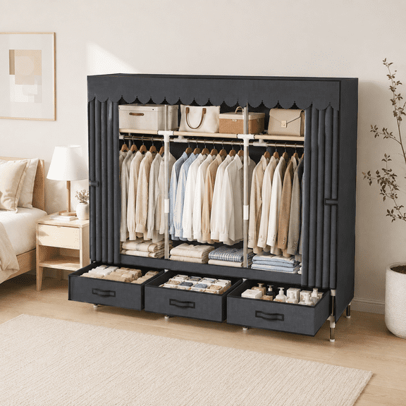 Portable Closet Wardrobe, Peach Skin Fabric Clothes Storage Organizer with 3 Hanging Rods, 4 Drawers & Shelves, Dustproof Freestanding Closet for Bedroom，64.96inch,Dark Gray