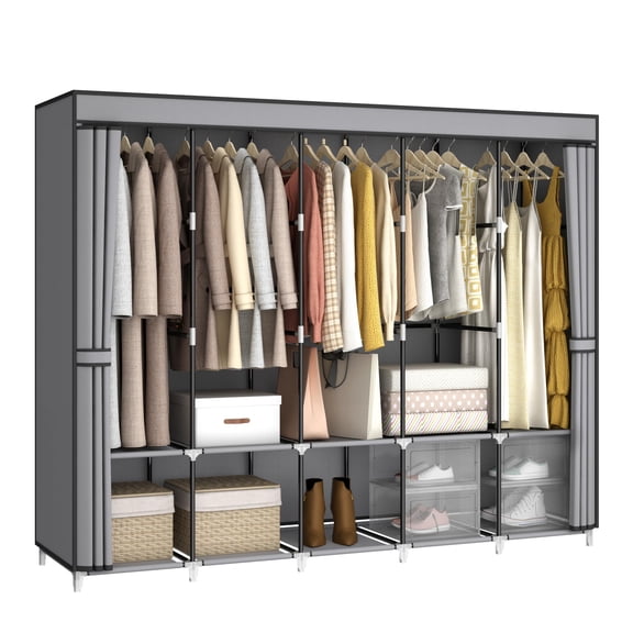 Portable Closet Wardrobe for Small Room, 35-Inch Clothing Organizer Storage Rack with 2 Clothes Hanging Rods and 4 Shelves, Non-Woven Fabric Cover, Black