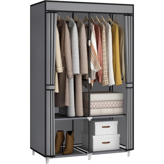 Portable Closet Wardrobe for Small Room, 35-Inch Clothing Organizer Storage Rack with 2 Clothes Hanging Rods and 4 Shelves, Non-Woven Fabric Cover, Grey