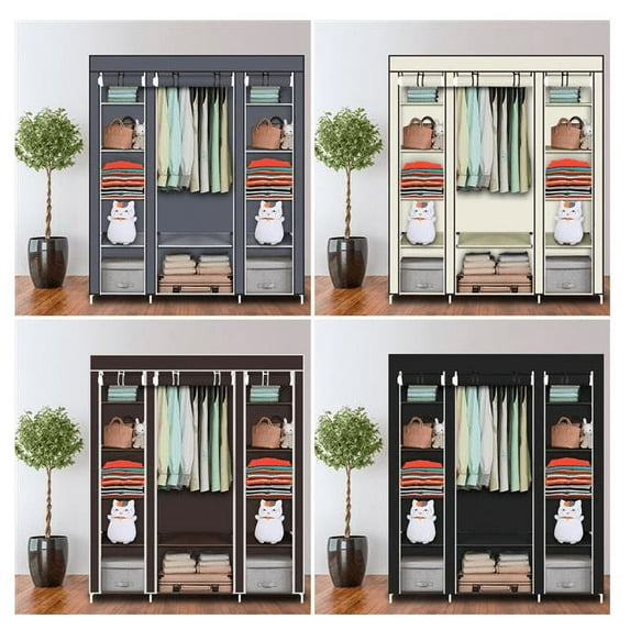 Portable Closet Wardrobe Storage Closet Clothes Portable Wardrobe Storage Closet Organizer with Hanging Rod and Storage Shelves, Non-Woven Fabric Portable Closets Brown