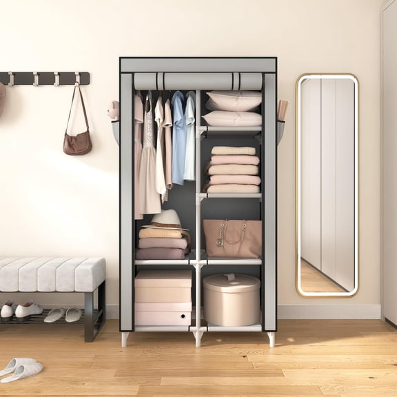 Portable Closet Wardrobe for Hanging Clothes with 6 Storage Shelves, 1 Hanging Rod and 4 Pockets, Grey