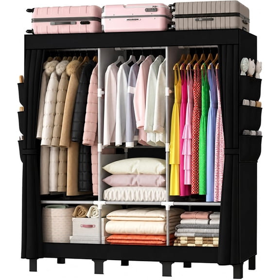 Portable Closet Wardrobe with 3 Hanging Rods, Non-Woven Fabric, Steel Frame, Black, 3 Columns, 51.2 Inch Width