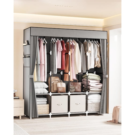 Portable Closet Wardrobe with 4 Hanging Rods, Non-Woven Fabric Cover, Large Capacity Storage for Bedroom and Living Room, Gray