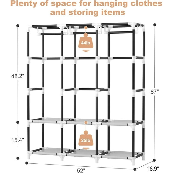 Portable Closet Wardrobe with Cover, 3 Hanging Rods, 6 Shelves, Sturdy  Standing Storage for Bedroom