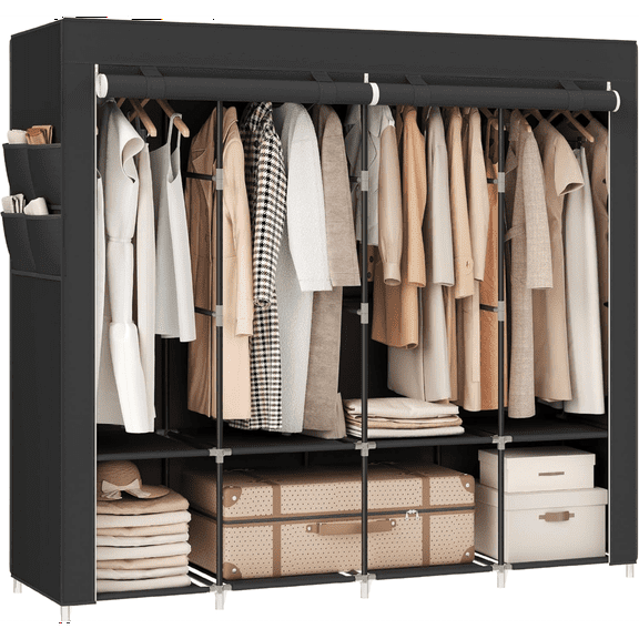 Portable Closet Wardrobe with Hanging Rods and Shelves, Heavy-Duty Foldable Storage Organizer for Bedroom and Apartment Use.