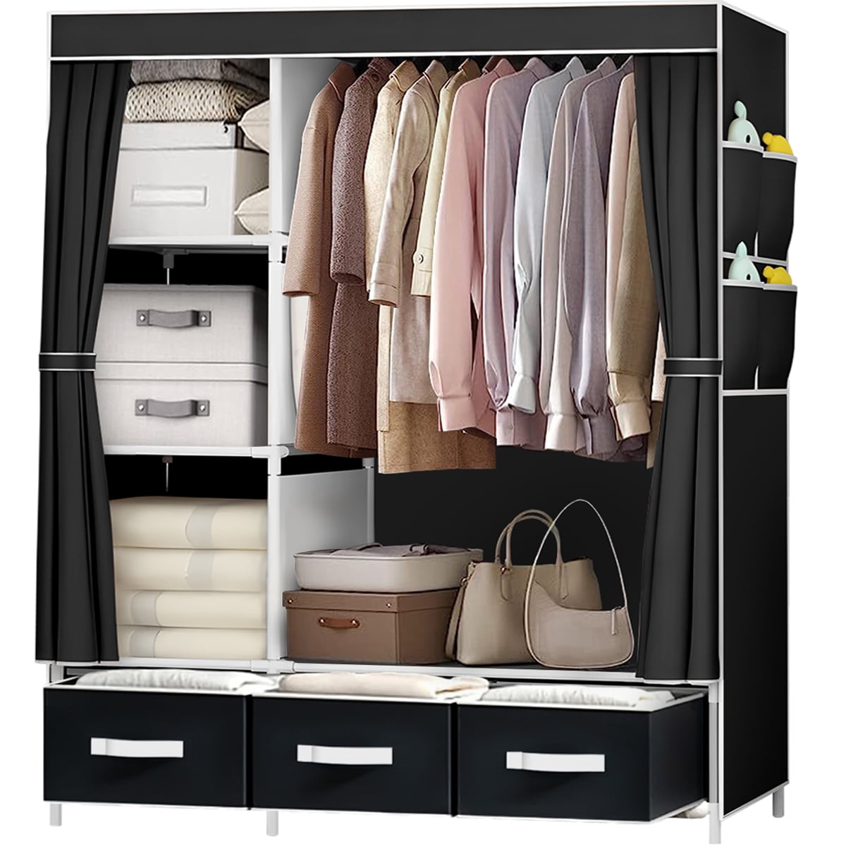 Portable Closet ZPL Portable Wardrobe with 3 Drawer and 4 Storage Shelves and Side Pocket for Clothes Storage Organizer Black