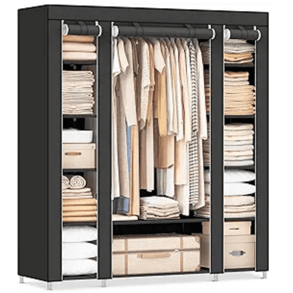 Portable Closet for Bedroom, Clothes Rail with Non-Woven Fabric Cover, Clothes Storage Organizer, 59 x 17.7 x 69 Inches, 12 Compartments, Black