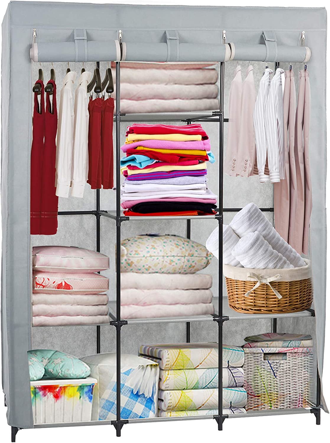Portable Closet Wardrobe With Double Rod & Shelves - Free Standing, Non-Woven Fabric, Gray (51"L X 68.8"H)