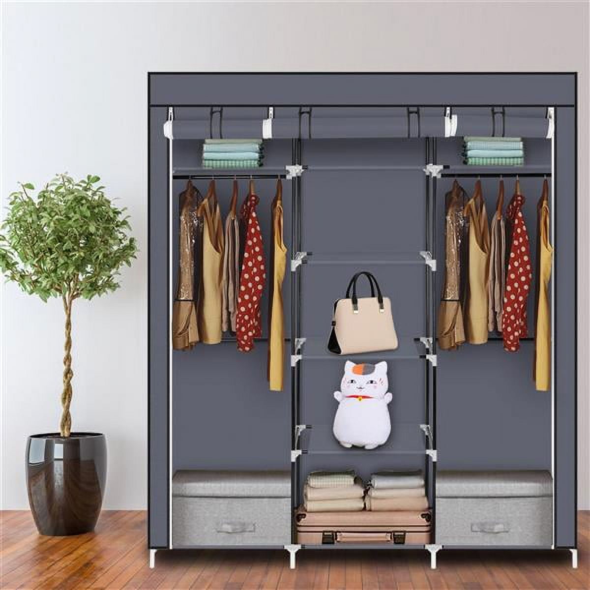 Portable Clothes Closet Organizer, Wardrobe Rack with Cover, Garment