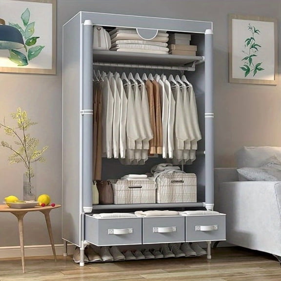 Portable Clothes Closet Rolling Door Wardrobe with Hanging Rack Non-Woven Fabric Storage Organizer with Three Drawer Boxes No-Tool Assembly-35. 4" L X 17. 7" W X 67" H, Portable Closets