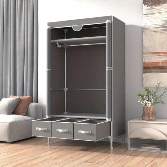 Portable Closet Organizer, 67in Clothes Wardrobe with Drawers & Hanging Rod - Rolling Fabric Storage Cabinet for Bedroom, Dorm, Apartment (Gray)