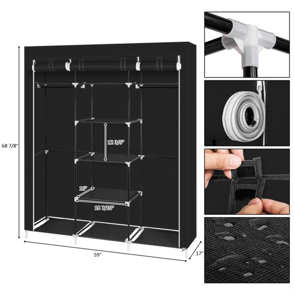 Portable Clothes Closet ,Rolling Door Wardrobe with Hanging Rack Non-Woven Fabric Storage , Easy Assembly , 59" x 17" x 68" ,Black